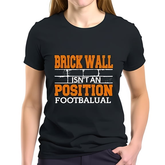 Black Cotton Short Sleeve T-Shirt with Playful Orange & White 'BRICK WALL' Graphic Design for Football Fans