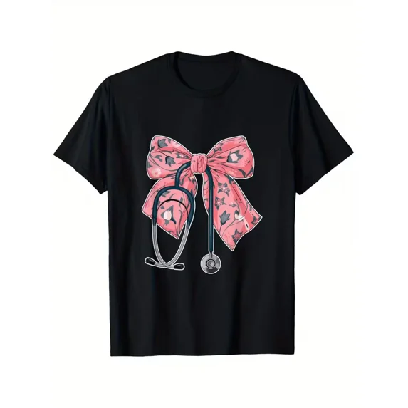 Black Cotton T-Shirt with Pink Bow & Stethoscope Print - Soft, Breathable, Moist