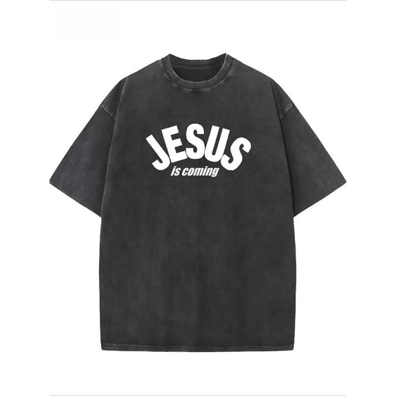 Black Cotton Tee Jesus Is Coming Graphic T-Shirt Top Washed Breathable Round Neck Casual Comfortable S-2XL Plus Size