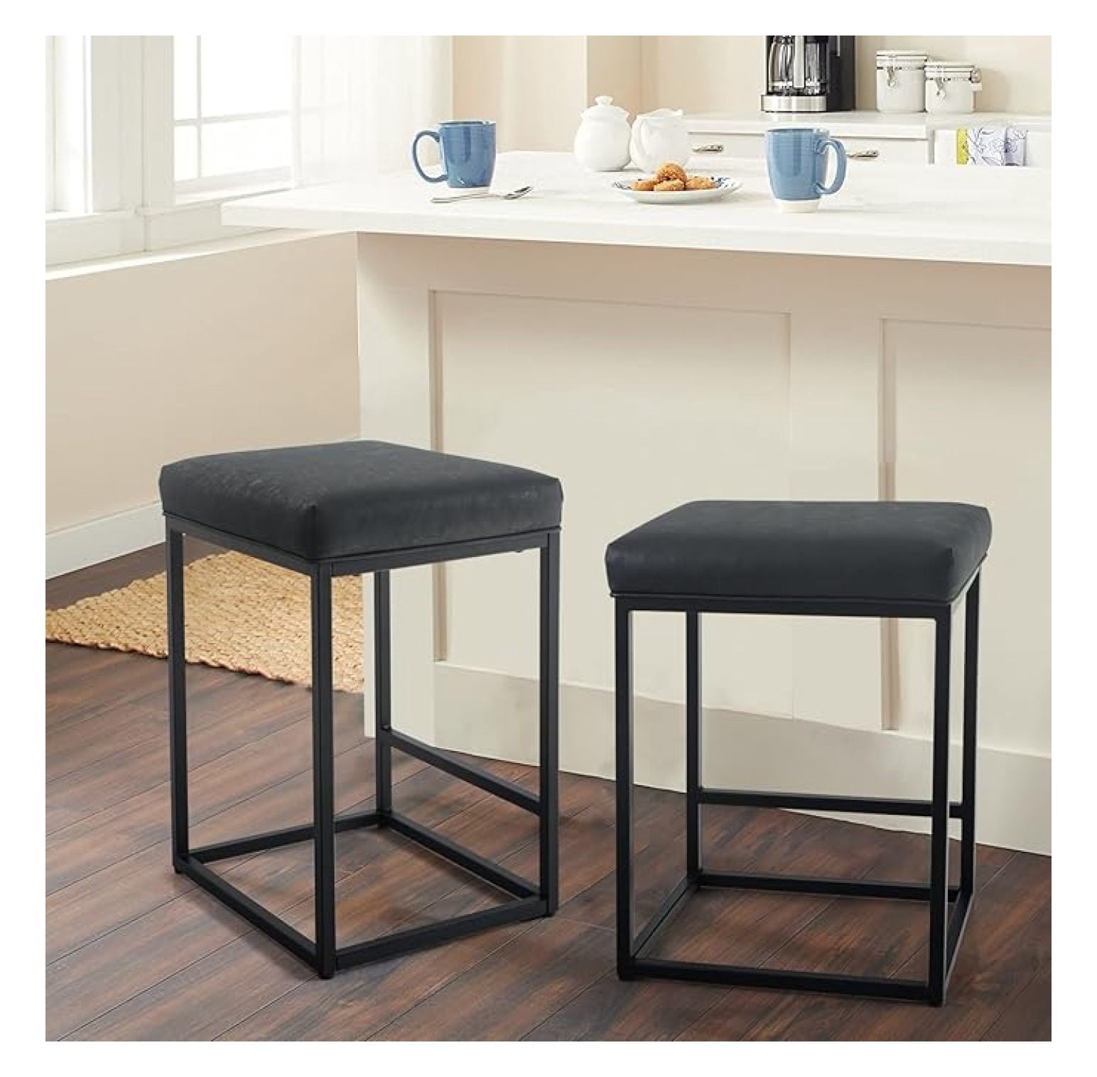 Black Counter Height Bar Stools Set of 2, 24 Inch Industrial Barstools ...