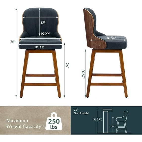 Black Counter Height Bar Stools Set of 4, Swivel PU Leather Bar Stools with Bentwood Backs, 26 Inch Height