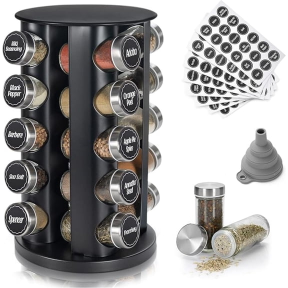 Black Countertop Revolving Spice Rack, Empty 20-Jars Rotating Spice Rack Organizer, Round Carousel Tower, 135 Spice Labels with Funnel Complete Set, for Kitchen Countertop, Cabinet