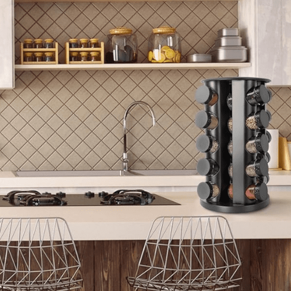 Black Countertop Rotating Spice Rack, Empty 20-Jars Revolving Spice Rack Organizer, Round Carousel Spice Rack Tower, 135 Spice Labels with Funnel Complete Set, for Kitchen Countertop, Cabinet