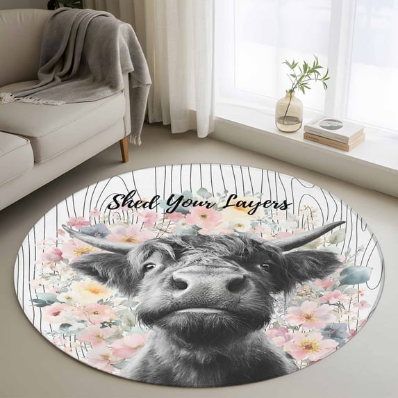 Black Cow Floral Round Area Rug 4ft, Grey Wooden Farmhouse Animals Washable Non-Slip Circle Rugs for Bedroom Living Room Kitchen, Soft Non Shedding Circle Carpet for Dining Room Dorm
