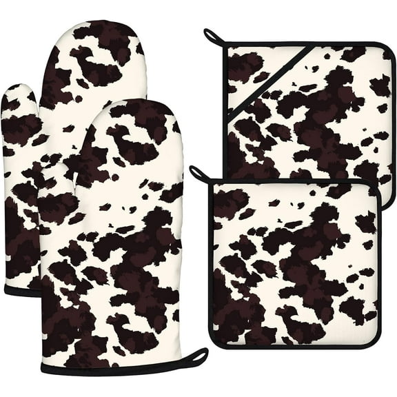 Black Cow Print Oven Mitts and Pot Holders Sets 4Pcs,Extra Long Oven Gloves Potholder for Kitchen Cooking Baking BBQ 100% Cotton Heat Resistant