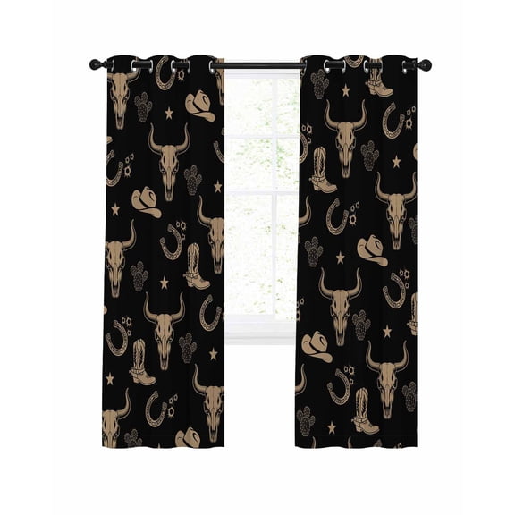 Black Cow Skull Blackout Curtains 84 Inches Length, Southwestern Vintage Cowboy Boots Window Treatment Thermal Insulated Drapes for Bedroom Living Room 2 Panels 84x84 Inches