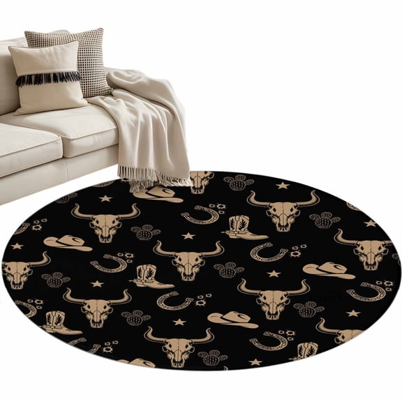 Black Cow Skull Round Area Rugs Collection 3', Southwestern Vintage Cowboy Boots Non Slip Indoor Circular Throw Runner Rug Floor Mat Carpet for Living Room Dining Table Bedroom Nursery