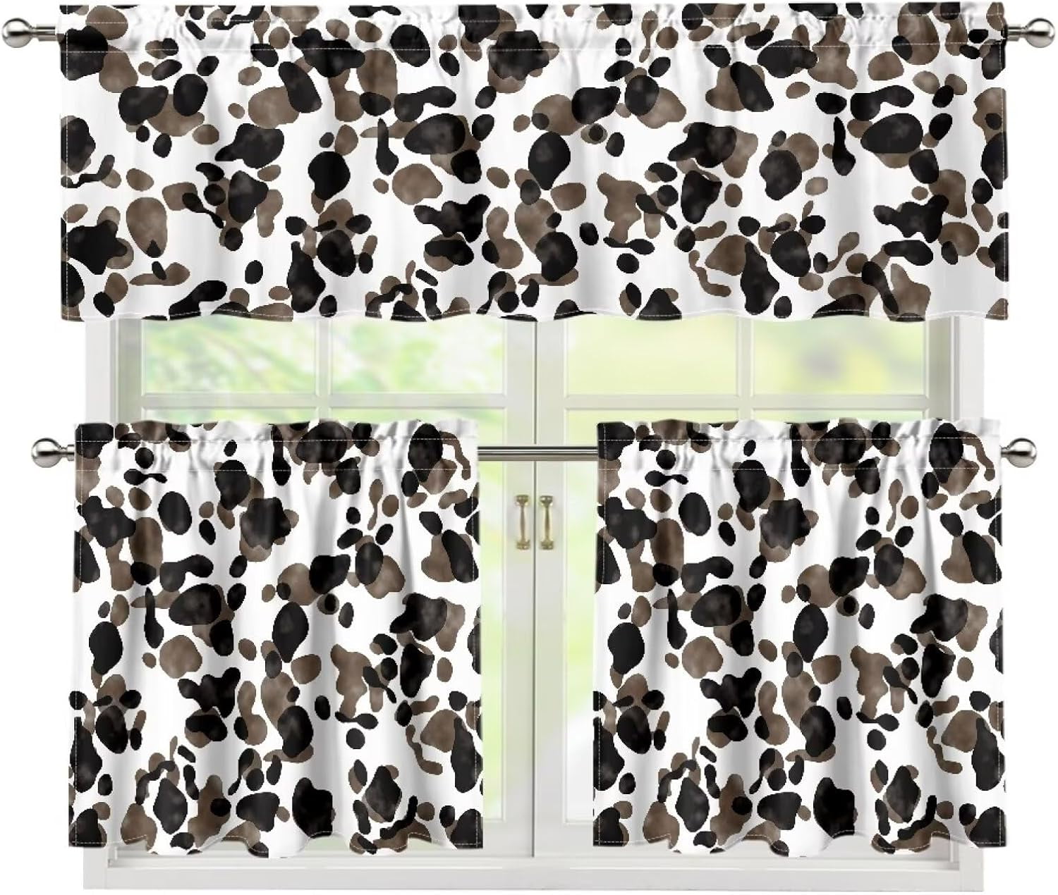 Black Cow Spot Print 3 Piece Kitchen Window Curtain Panel Tiers and Valance Set Kitchen Curtain Set Kitchen Curtain Set with Valance Home Decor 53.9x17.7 Inch+27.5x24 Inch*2