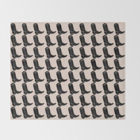 Black Cowboy Boot Repeat on Beige Fleece Blanket, 280 GSM Polyester Fleece, Western Style for Couch or Bed