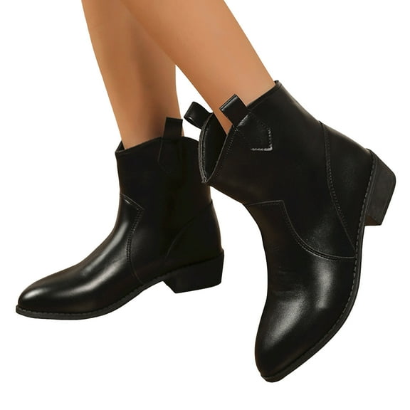 Black Cowboy Boots for Women Splice Leather Pull on Pointed Toe Cowgirl Ankle Booties Low Heel Dressy Western Short Boots