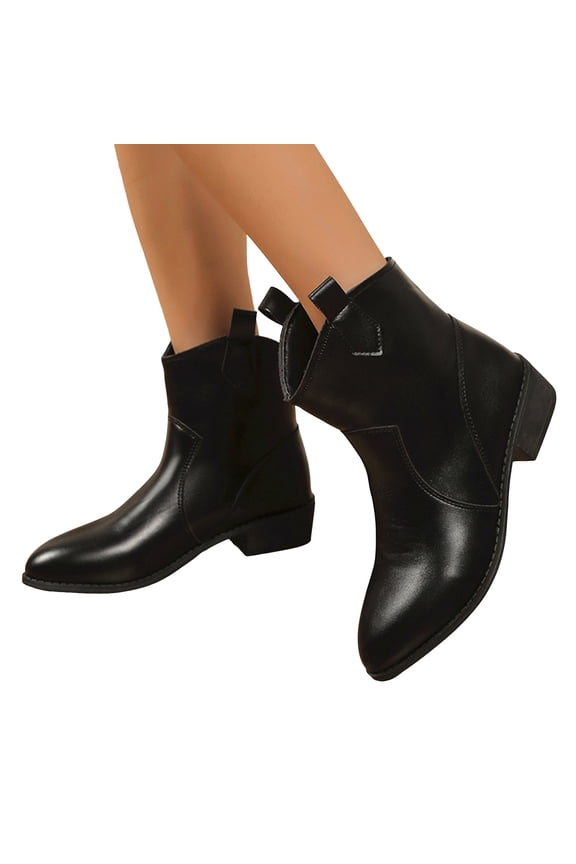 Black Cowboy Boots for Women Splice Leather Pull on Pointed Toe Cowgirl Ankle Booties Low Heel Dressy Western Short Boots
