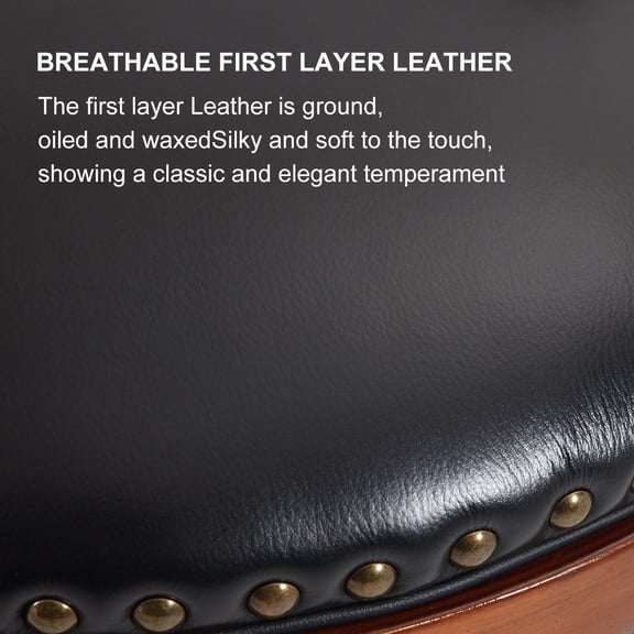 Black Cowhide Leather Swivel Bar Stool with Back, 29.5" Seat Height, Solid Wood Frame, 360 Rotation - Perfect for Kitchen Counter, Home Bar, Restaurant