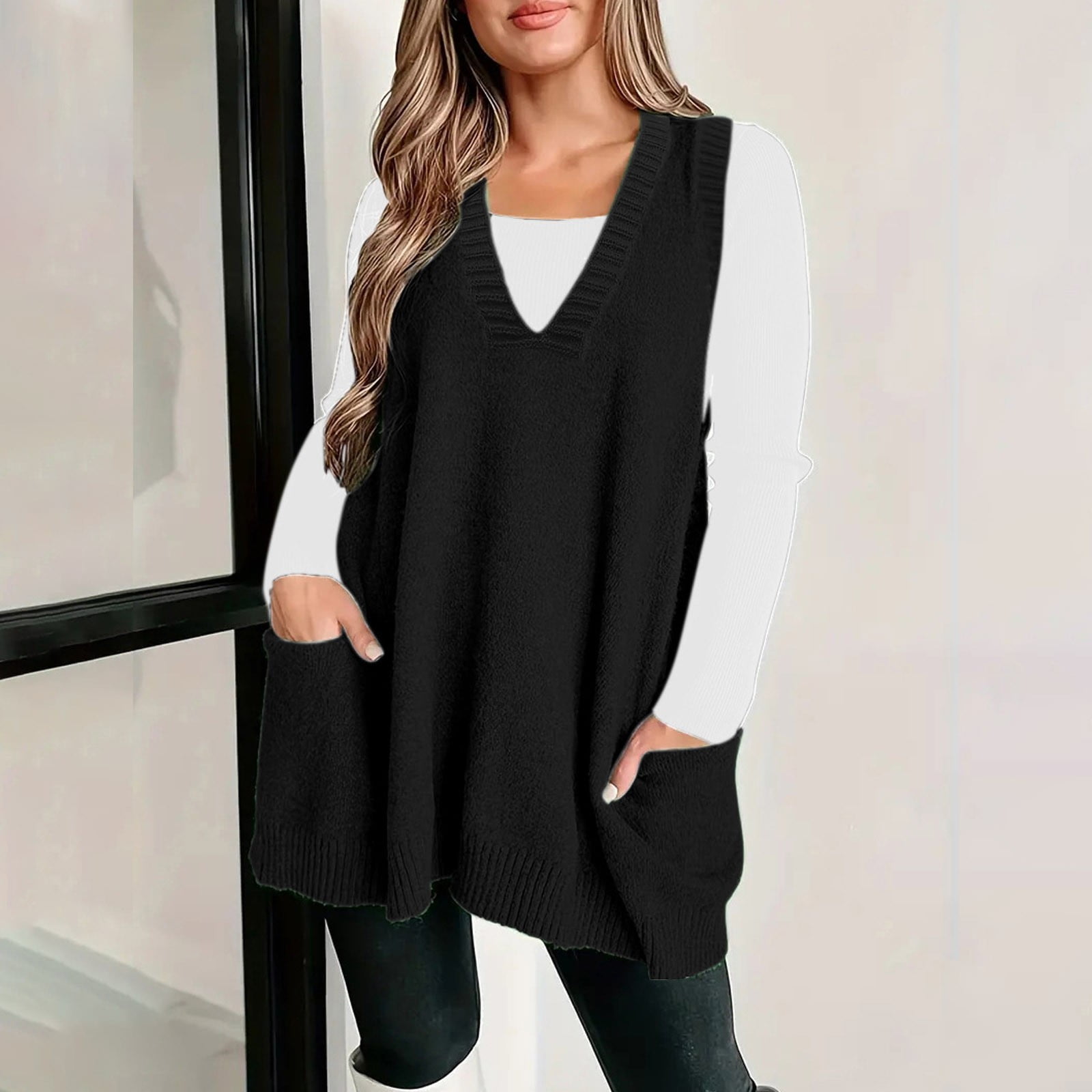 Black Cozy Pocket Sweater Vest Women Womens Sleeveless Sweater Vest V ...