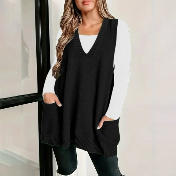Black Cozy Pocket Sweater Vest Women Womens Sleeveless Sweater Vest V Neck Loose Knit Casual Flattering Tunic Top