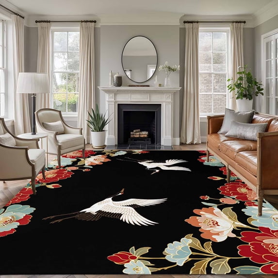 Black Crane Area Rugs 8'x10', Washable Small Throw Rugs for Living Room Patio, Vintage Red Teal Spring Floral Botanical Indoor Outdoor Rug Non-Slip Low Pile Carpet Runner Reversible Floor Mats
