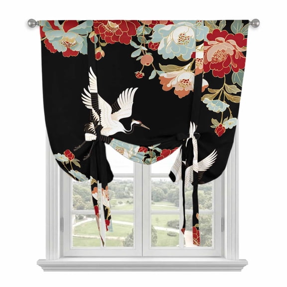 Black Crane Balloon Curtains for Windows, Bedroom Curtains 54 Inch Length, Vintage Red Teal Spring Floral Botanical Tie Up Curtains Panels Thermal Insulated Bathroom Curtains Window 42"x54"