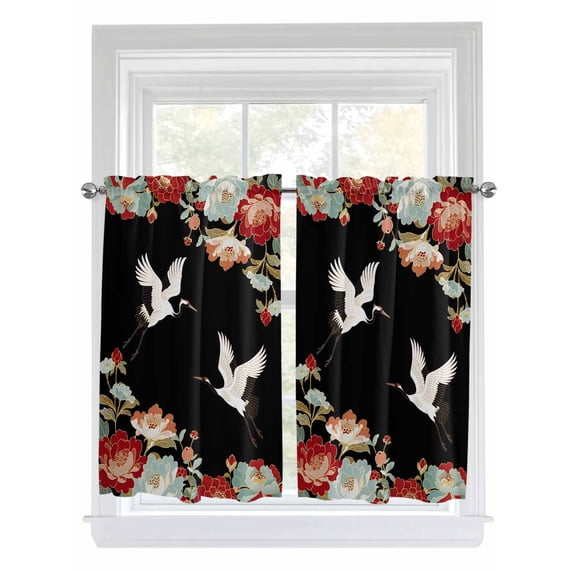 Black Crane Bathroom Window Curtain, Vintage Red Teal Spring Floral Botanical Light Filtering Coffee Kitchen Curtains, Bedroom Living Room Curtains 2 Panel 84"x45"