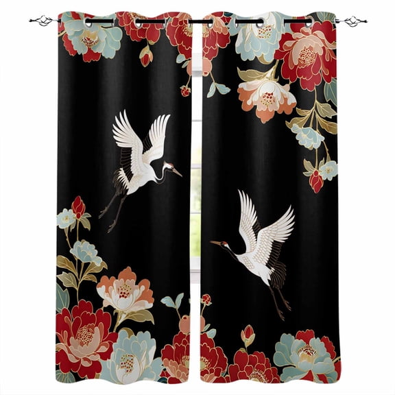 Black Crane Blackout Curtains for Bedroom Living Room Darkening Curtains 90 Inch Vintage Red Teal Spring Floral Botanical Black Out Window Curtain Privacy Window Treatment Grommet Drapes 52"x90"x2