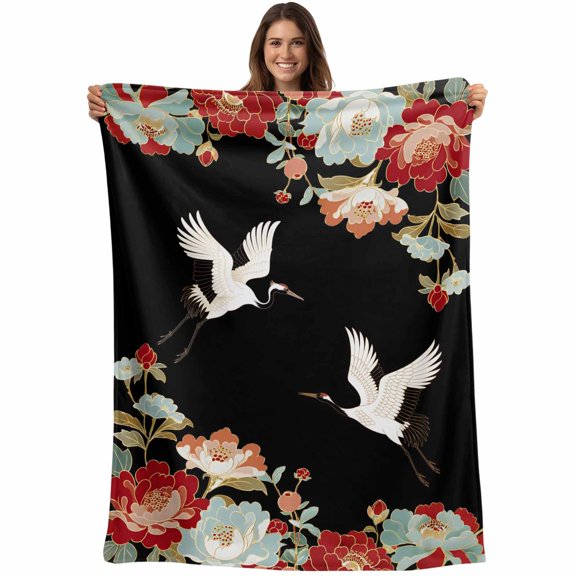 Black Crane Blanket Soft Cozy Warm Throw Blanket for Couch, Plush Fuzzy Flannel Fleece Blankets for Sofa, Vintage Red Teal Spring Floral Botanical Bed Blankets Lightweight Gifts for Women, 50"x60"