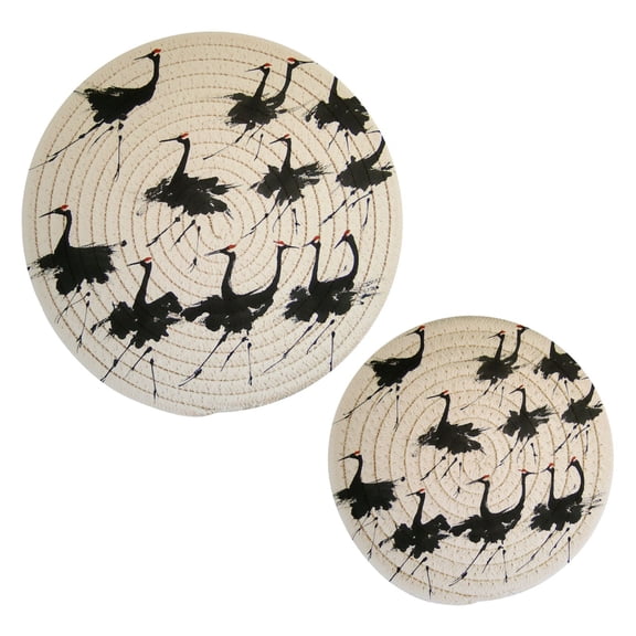 Black Crane Trivets Potholders Cotton Braided Potholders Heat-Resistant Pads 7.09'' and 9.45''
