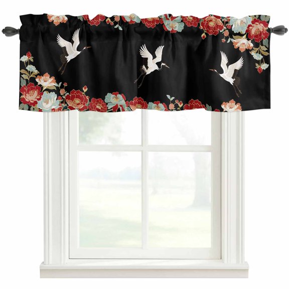 Black Crane Farmhouse Short Window Curtain Valances, Vintage Red Teal Spring Floral Botanical Rod Pocket Kitchen Valances for Living Room Bedroom Bathroom Cafe 54" x 18"