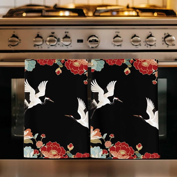 Black Crane Kitchen Towels Set of 1, Vintage Red Teal Spring Floral Botanical Absorbent Dish Towels for Kitchen, Microfiber Hand Towel, Quick Drying Tea Towel for Cleaning Decorative Dishcloths