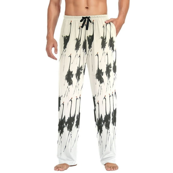 Black Crane Mens Cotton Pajama Pants Long Staple Lightweight Sleep Bottoms with Pockets Breathable