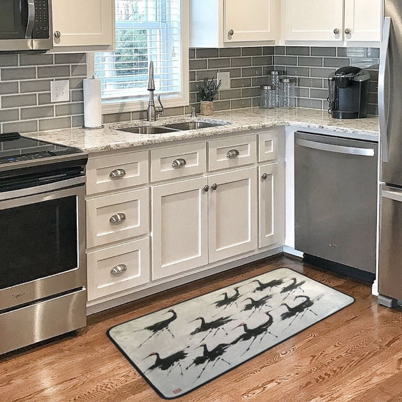 Black Crane Non Slip Long Door Mat 39''x20'' Soft, Absorbent, for Kitchen, Bathroom, and Bedroom