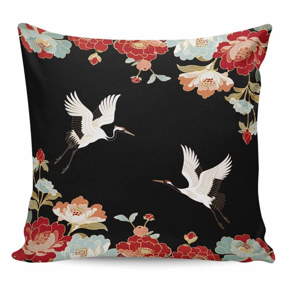 Black Crane Pillow Covers 26x26 Inch Decorative Throw Pillow Cover, Vintage Red Teal Spring Floral Botanical Sofa Pillowcases Accent Cushion Case Home Decor Bedroom Living Room