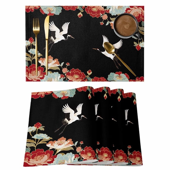 Black Crane Placemats Set of 6, Vintage Red Teal Spring Floral Botanical Placemats for Dining Table, Place Mats for Kitchen Tabletop, Waterproof Wipeable Dining Table Mats Set