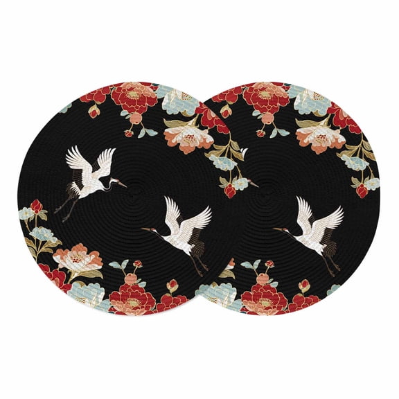Black Crane Round Placemats Set of 2 Vintage Red Teal Spring Floral Botanical Place Mats Indoor Woven Table Mats Washable Heat-Resistance Braided Dining Table Placemats for Kitchen Party 13 Inch