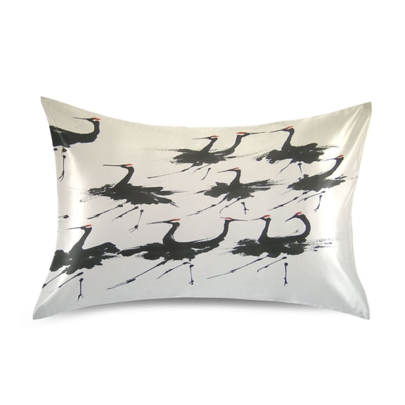 Black Crane Satin Pillowcase 20''x26'' Double-Sided Print Soft Wrinkle Resistant