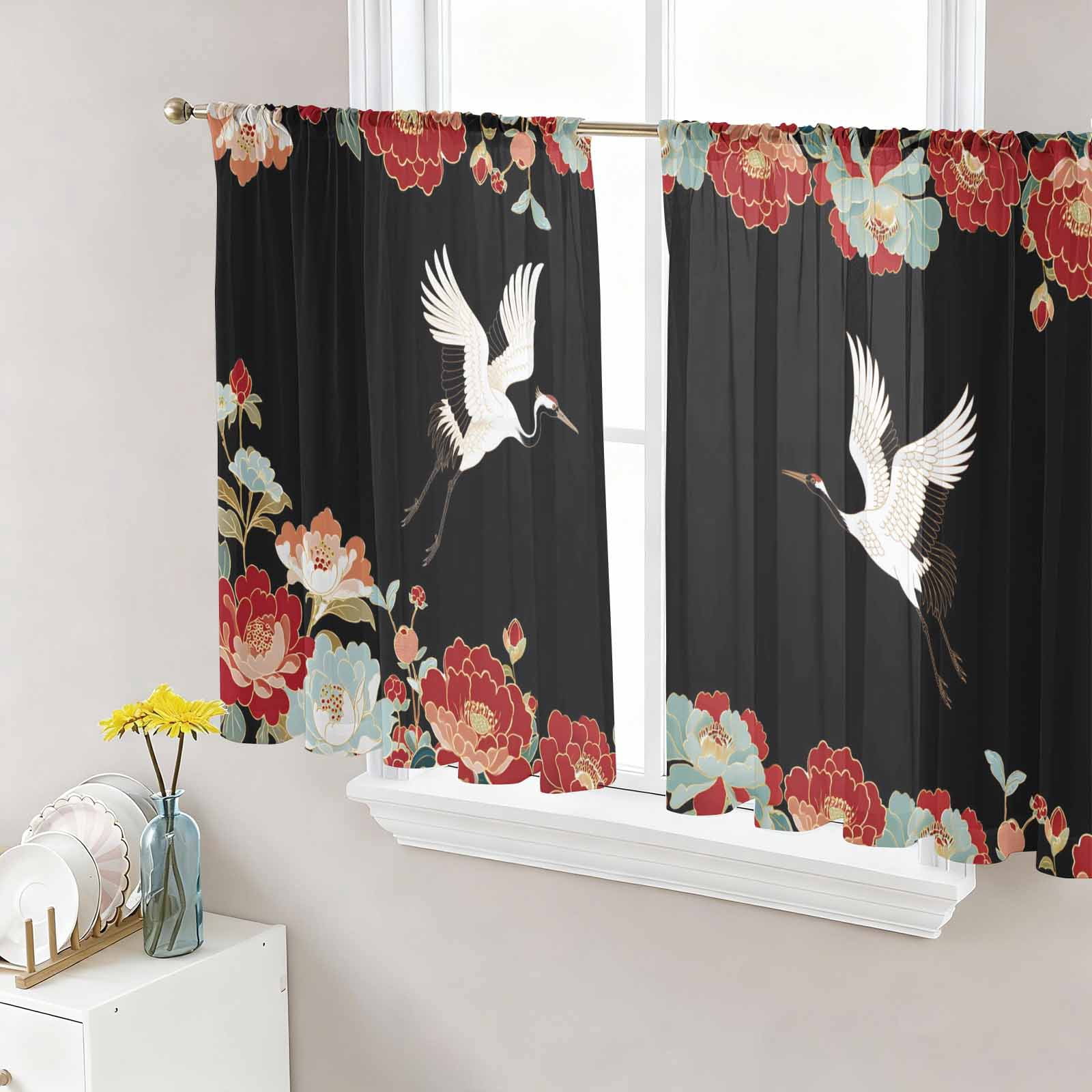Black Crane Sheer Curtains 45 Inch Length 2 Panels Set Window ...
