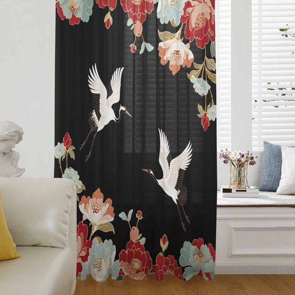 Black Crane Sheer Curtains 54 Inches Long for Living Room/Bedroom, Vintage Red Teal Spring Floral Botanical Rod Pocket Voile Kitchen Curtains & Drapes Window Treatment 1 Panel, 52"W x 54"L