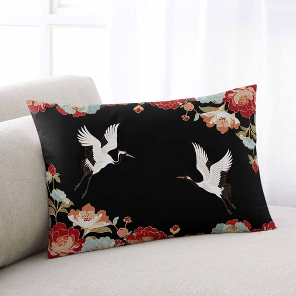 Black Crane Throw Pillow Covers, Vintage Red Teal Spring Floral Botanical Soft Breathable Pillow Cases with Invisible Zipper for Sleeping, Small Pillowcases for Couch Bed Sofa Chair 16x24 Inches