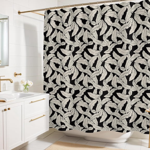 Black and Cream Banana Leaf Shower Curtain \u2013 72x72 Tropical Botanical Fabric Bathroom Curtain, Minimalist Monochrome Design, Modern Printed Decor for Apartments, Guest Baths, or Dorms