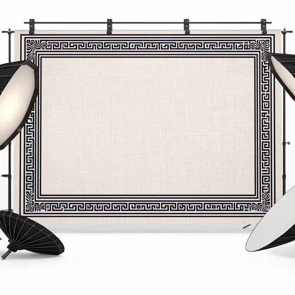 Black Cream Greek Key Backdrop for Photography,Fabric Photo Background Backdrop,Geometric Greece Ancient Rustic Photo Booth Background for Portrait Photoshoot Video Wedding Decoration Banner 7x5ft