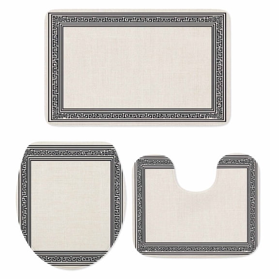 Black Cream Greek Key Bath Mat 3 Piece Bathroom Rug Set, Geometric Greece Ancient Rustic Non Slip Bath Rug Contour Mat and Toilet Lid Cover, Absorbent Shower Mats Soft Bath Rugs and Mats Sets