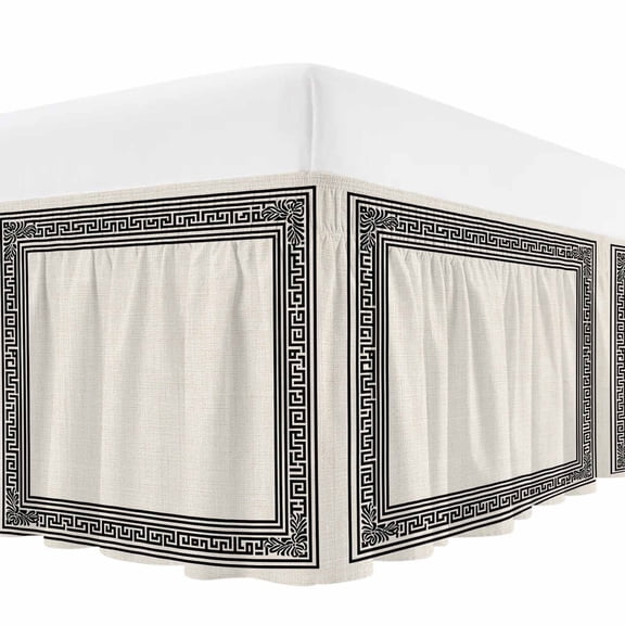 Black Cream Greek Key Bed Skirt King Size, Geometric Greece Ancient Rustic Wrap Around Bed Skirting with Adjustable Elastic Strap, Dust Ruffle Pleated Bedskirts 16 Inch Drop for Bedroom King Beds