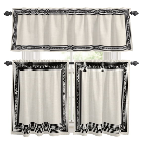 Black Cream Greek Key Kitchen Curtains, Kitchen Curtains and Valances Set of 3, Geometric Greece Ancient Rustic Light Filtering Tailored Tier Curtain 24 Inch Length Drapes for Cafe Sink Bedroom