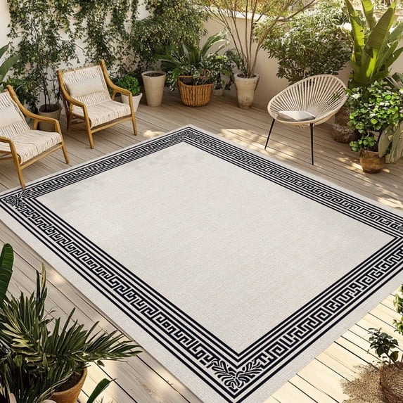 Black Cream Greek Key Outdoor Rug 3x5 Ft - Reversible Patio Rug Outdoor Camping Rugs, Geometric Greece Ancient Rustic Washable Indoor Outdoor Area Rugs, Non-Slip Outdoor Carpet Runner for Deck/Porch