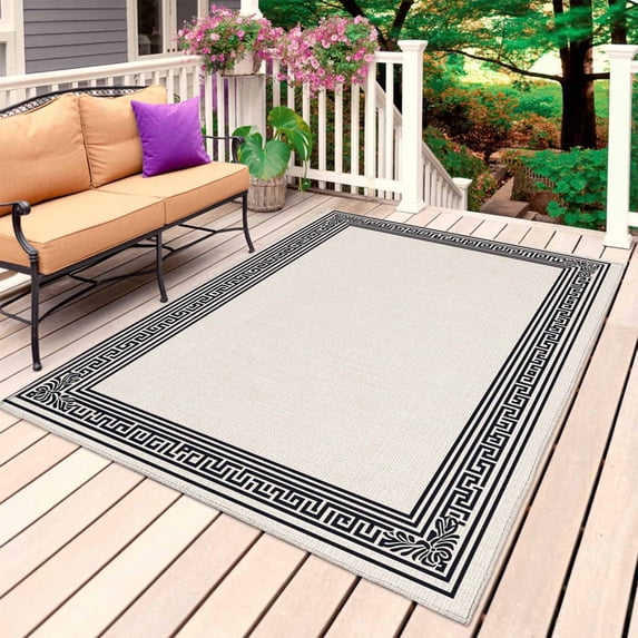Black Cream Greek Key Outdoor Rug for Patio/Deck/Porch, Non-Slip Large Area Rug 5 x 7 Ft, Geometric Greece Ancient Rustic Indoor Outdoor Rugs Washable Area Rugs, Reversible Camping Rug Carpet Runner