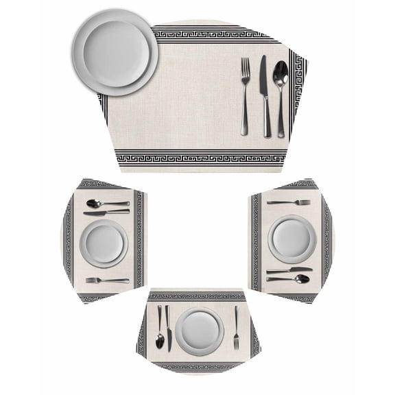Black Cream Greek Key Round Placemats Set of 2, Geometric Greece Ancient Rustic Placemats for Round Dining Table Shape Wedge Placemats for Outdoor Indoor Wipeable Clean Table Place Mats