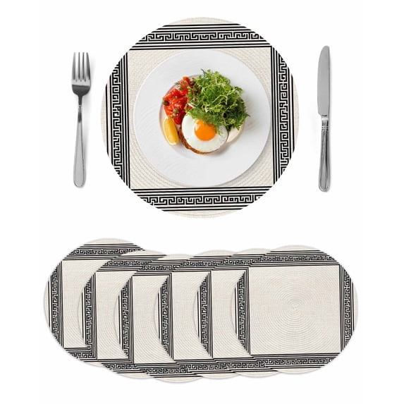 Black Cream Greek Key Round Placemats Set of 6 for Dinning Tables,Heat-proof Braided Table Mats 13 Inch,Geometric Greece Ancient Rustic Washable Place Mat for Kitchen Restaurant Party Table Decor