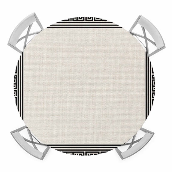 Black Cream Greek Key Round Tablecloth for 45-54 Inch Tables,Fitted Table Cover with Elastic Edge,Geometric Greece Ancient Rustic Waterproof Outdoor Table Cloth Protector for Patio Garden Dinner