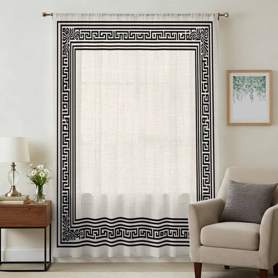 Black Cream Greek Key Sheer Curtains 63 Inches Long, Geometric Greece Ancient Rustic Light Filering Curtains, Breathable Simi Curtain Privacy Drapes for Living Room Bedroom Window Treatment