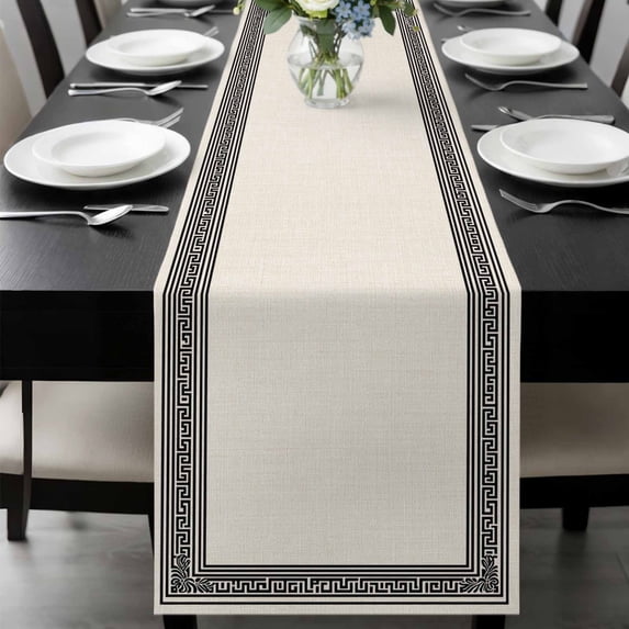 Black Cream Greek Key Table Runner 120 Inches Long, Geometric Greece Ancient Rustic Kitchen Coffee Dining Table Decoration for Home Party Birthday Wedding Home Decor 13x120 Inches