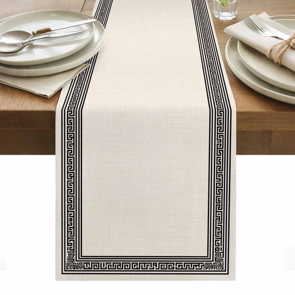 Black Cream Greek Key Table Runner - 90 Inch Long, Kitchen Dining Table Runner Dresser Scarves, Geometric Greece Ancient Rustic Farmhouse Decor for Coffee Tables Wedding Party Banquet