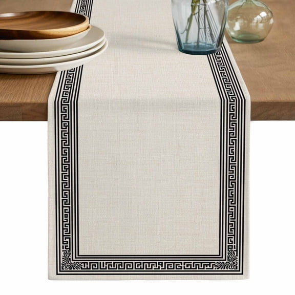 Black Cream Greek Key Table Runner, Geometric Greece Ancient Rustic Washable Cotton Linen Table Runners 36 Inches Long, Dresser Scarf Runner for Nightstand/End Tables/Round Tables 13''x36''