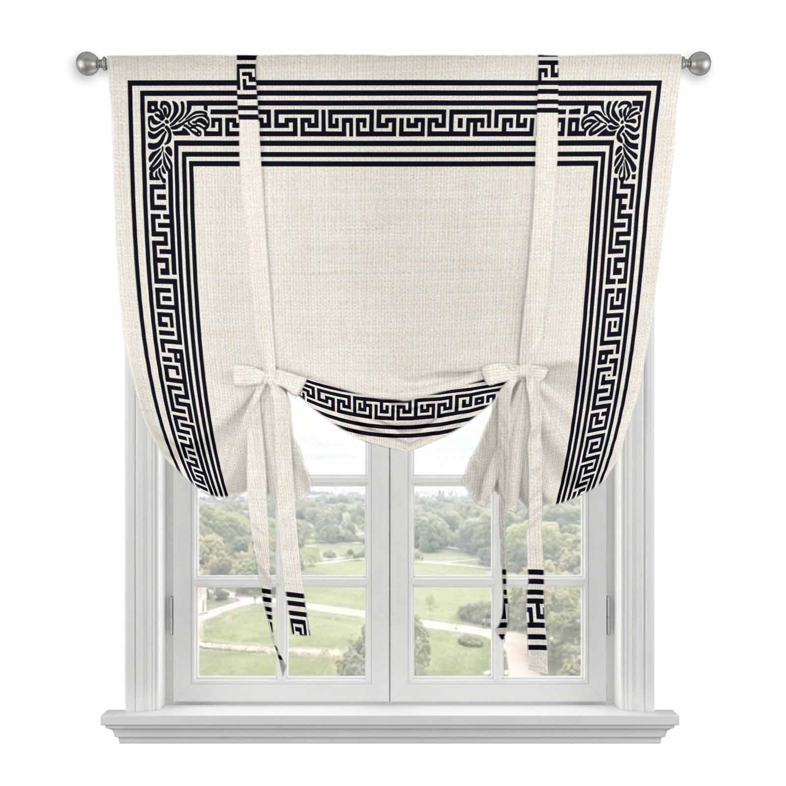 Black Cream Greek Key Tie Up Curtain Valance for Window,Adjustable Rod ...